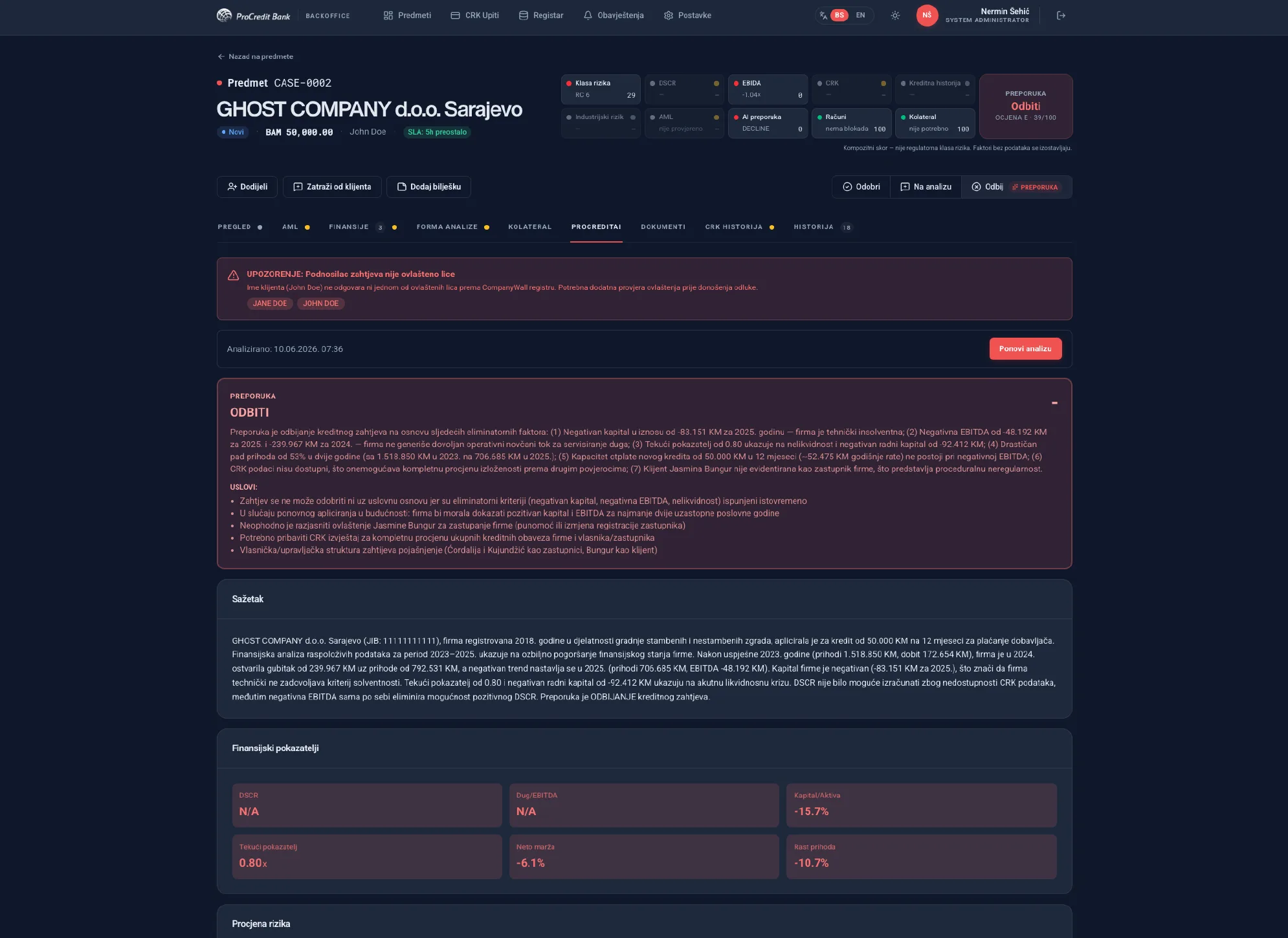 Exhibit A · Vincu Decision, ProCredit backoffice — a company credit file: AI reasoning, financial indicators, risk grade.